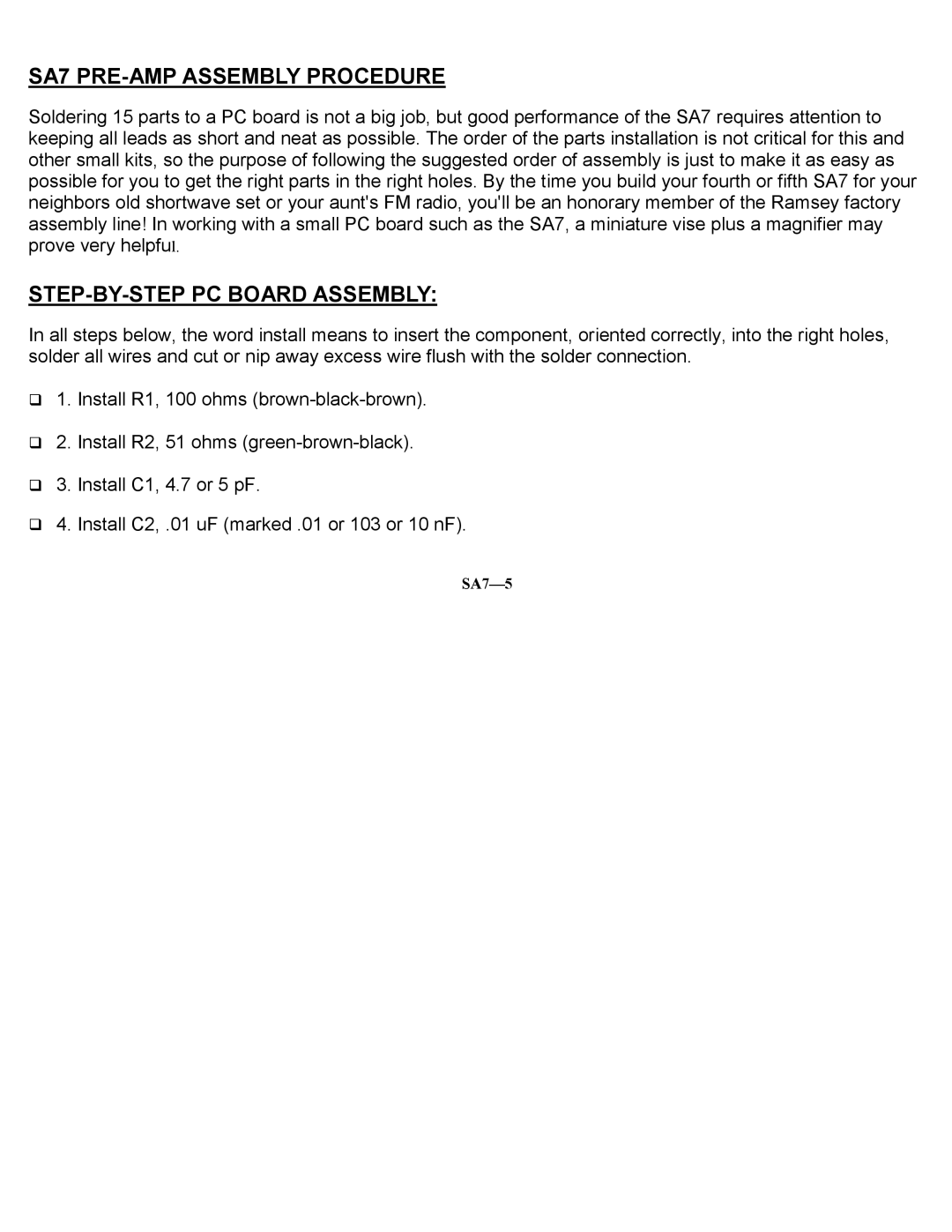 Ramsey Electronics manual SA7 PRE-AMP Assembly Procedure, STEP-BY-STEP PC Board Assembly 