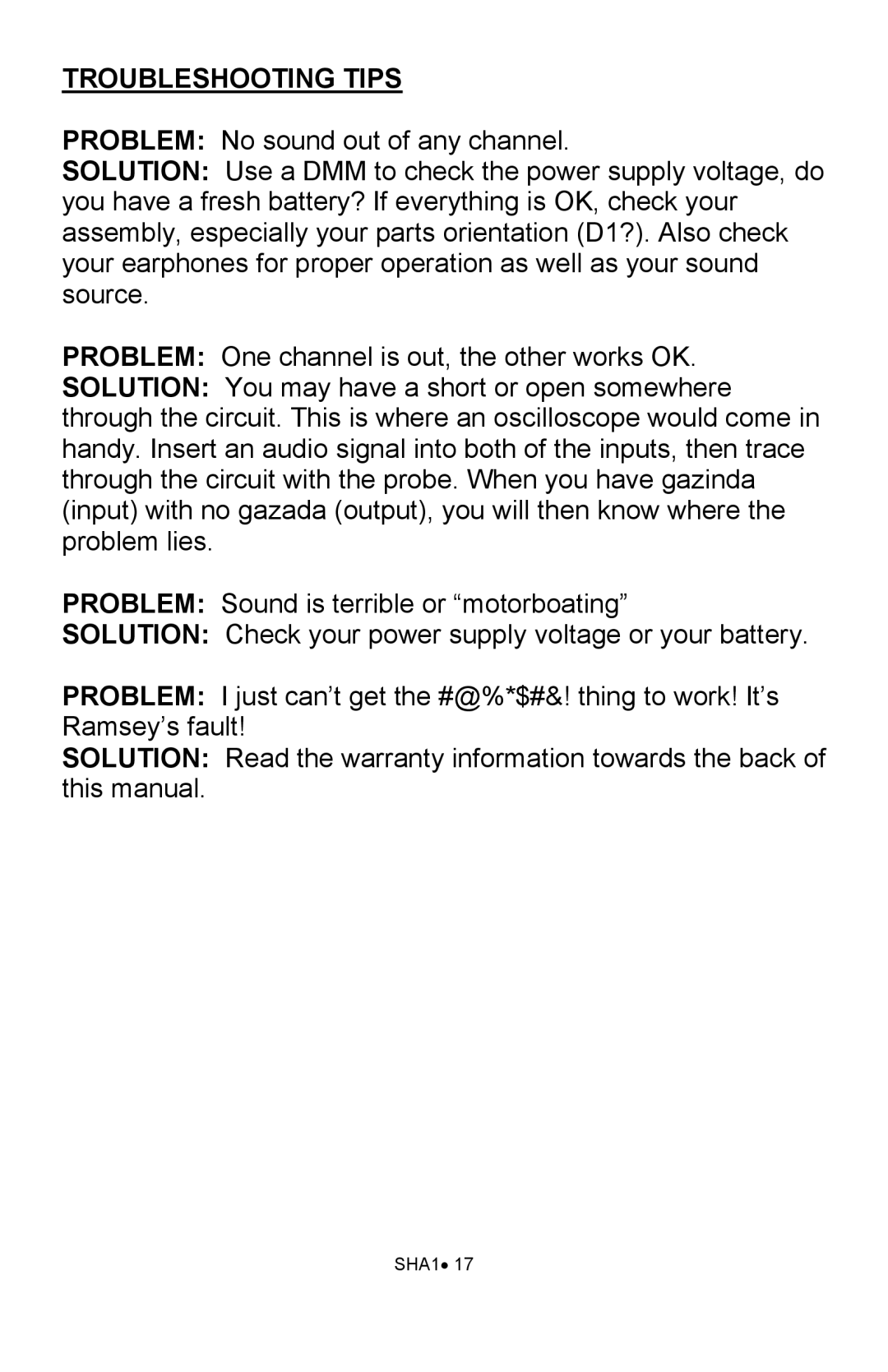 Ramsey Electronics SHA1 manual Troubleshooting Tips 