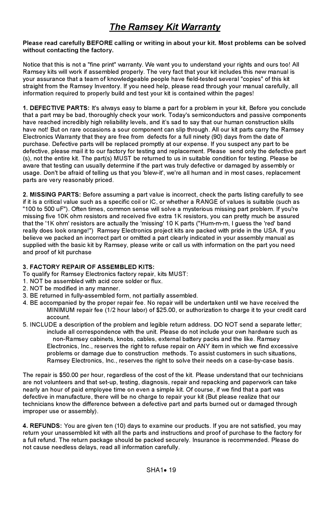 Ramsey Electronics SHA1 manual Ramsey Kit Warranty 