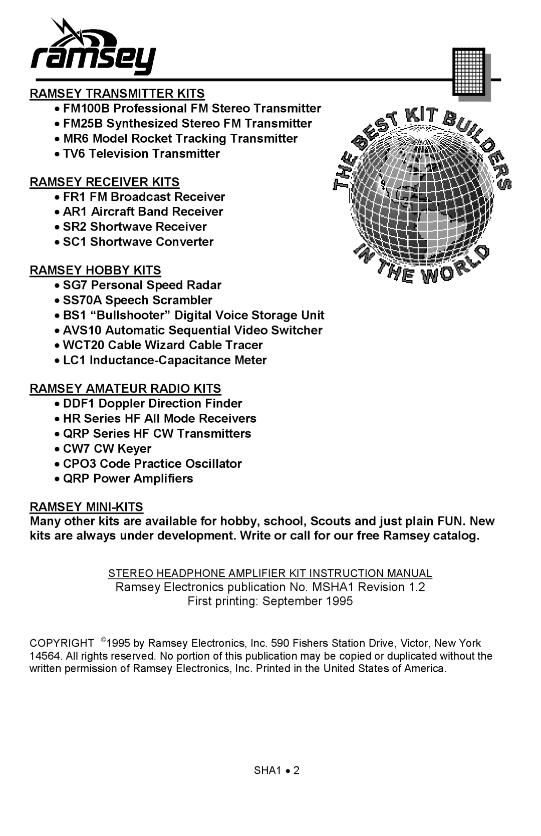 Ramsey Electronics SHA1 manual Ramsey Transmitter Kits 
