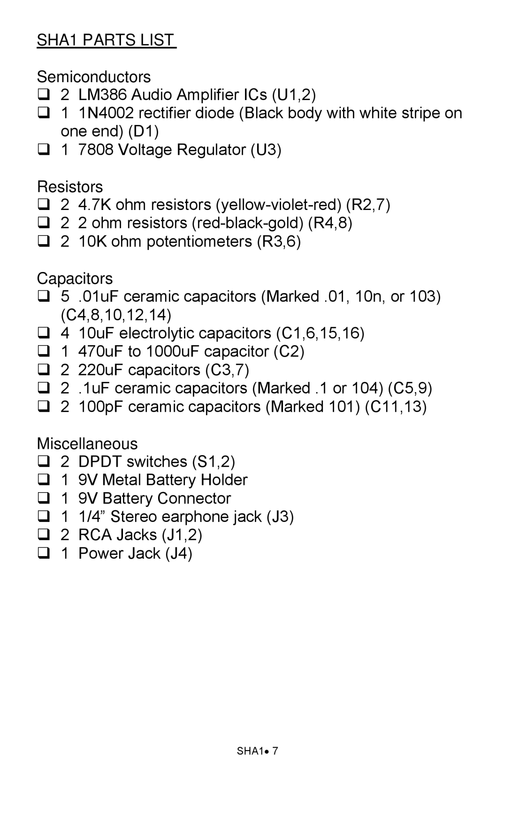 Ramsey Electronics manual SHA1 Parts List, Semiconductors 