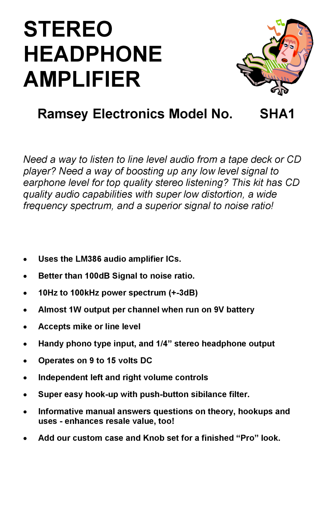 Ramsey Electronics SHA1 manual Stereo Headphone Amplifier, Ramsey Electronics Model No 