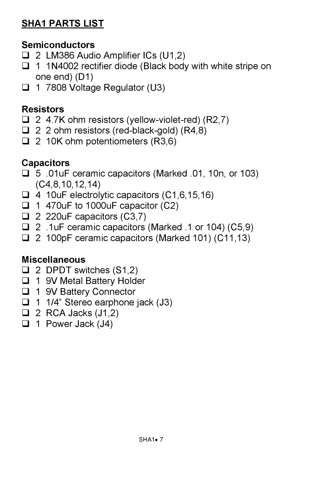 Ramsey Electronics manual SHA1 PARTS LIST Semiconductors, Resistors, Capacitors, Miscellaneous 