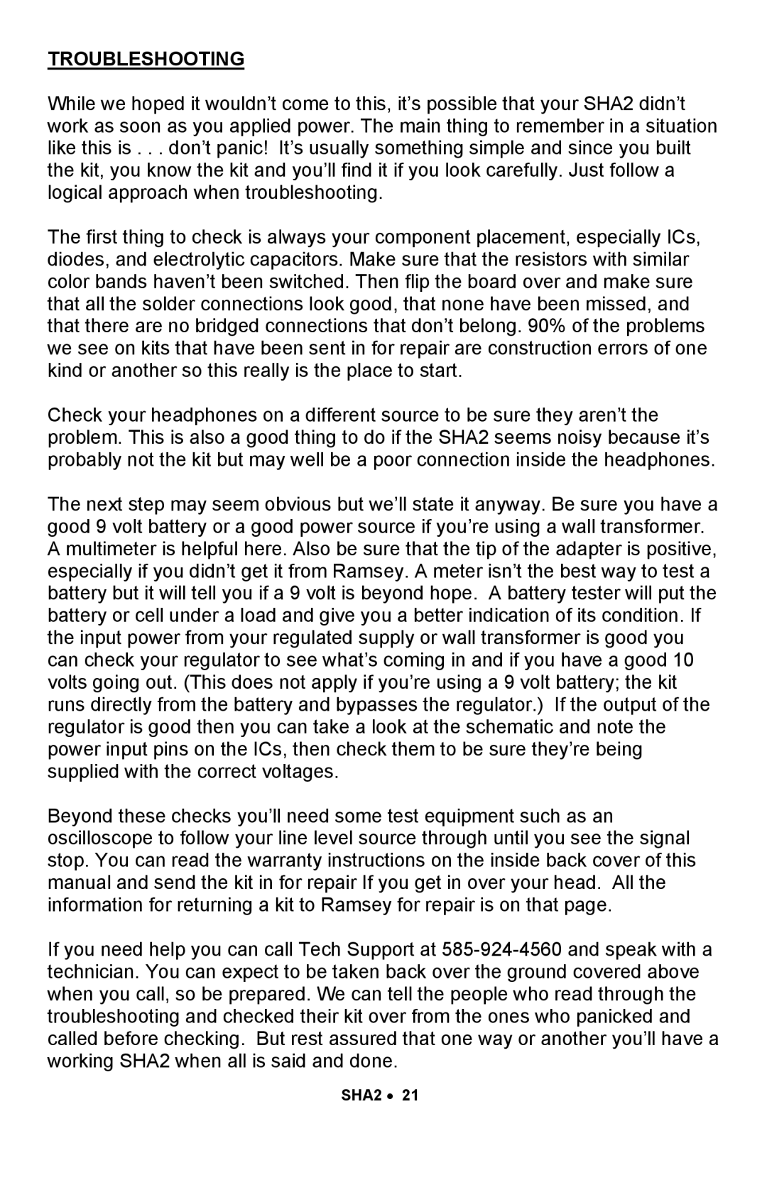 Ramsey Electronics SHA2 manual Troubleshooting 