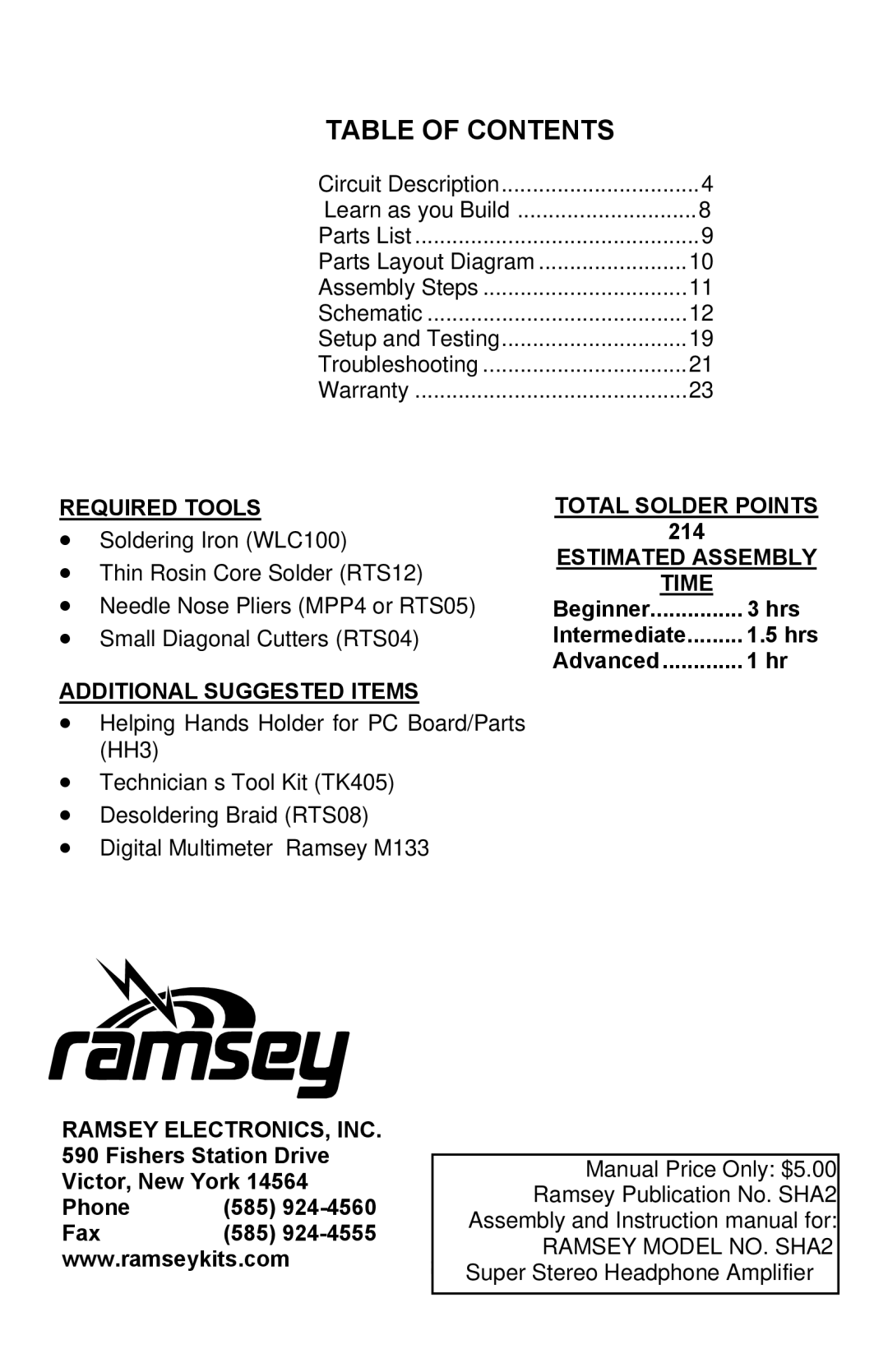 Ramsey Electronics SHA2 manual Required Tools, Additional Suggested Items, Total Solder Points, Estimated Assembly Time 