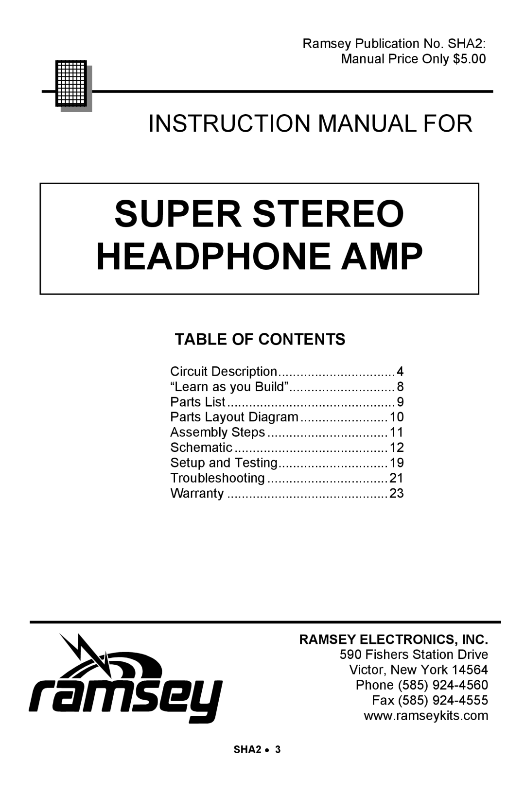 Ramsey Electronics SHA2 manual Super Stereo Headphone AMP 