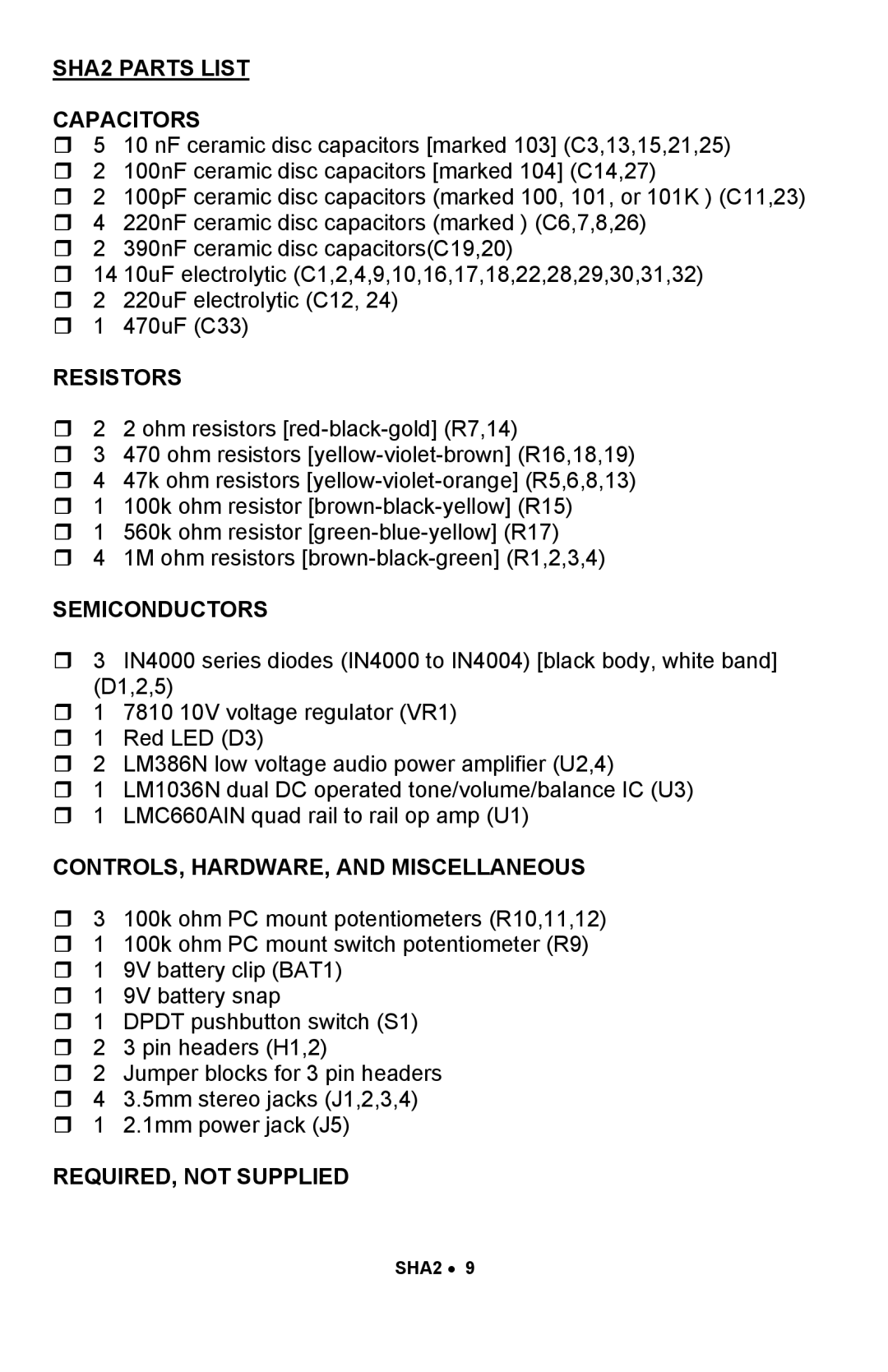 Ramsey Electronics manual SHA2 Parts List Capacitors, Resistors, Semiconductors, CONTROLS, HARDWARE, and Miscellaneous 