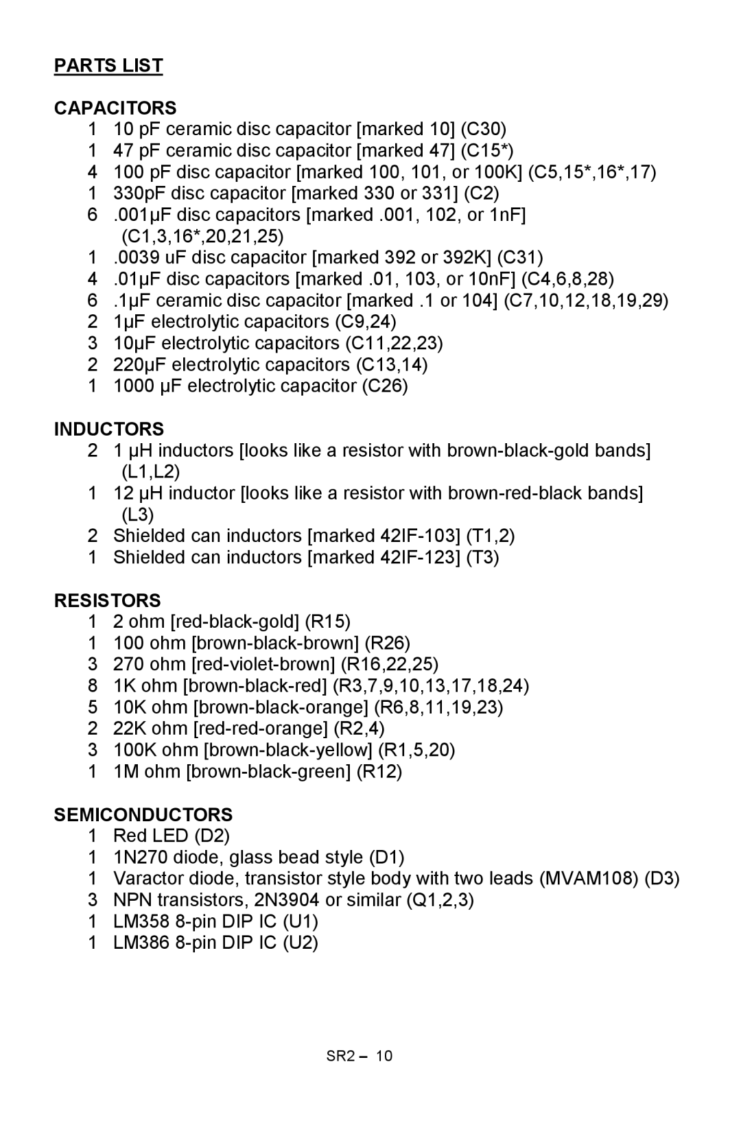 Ramsey Electronics SR2 manual Parts List Capacitors, Inductors, Resistors, Semiconductors 