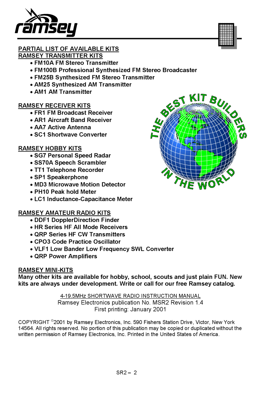 Ramsey Electronics SR2 manual Partial List of Available Kits Ramsey Transmitter Kits 