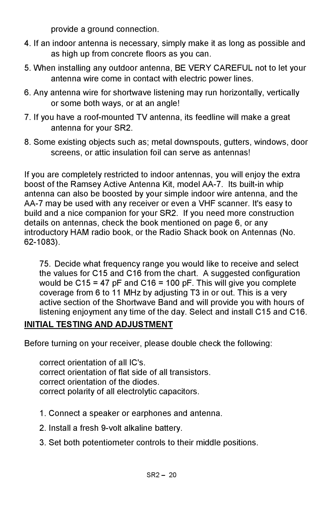 Ramsey Electronics SR2 manual Initial Testing and Adjustment 