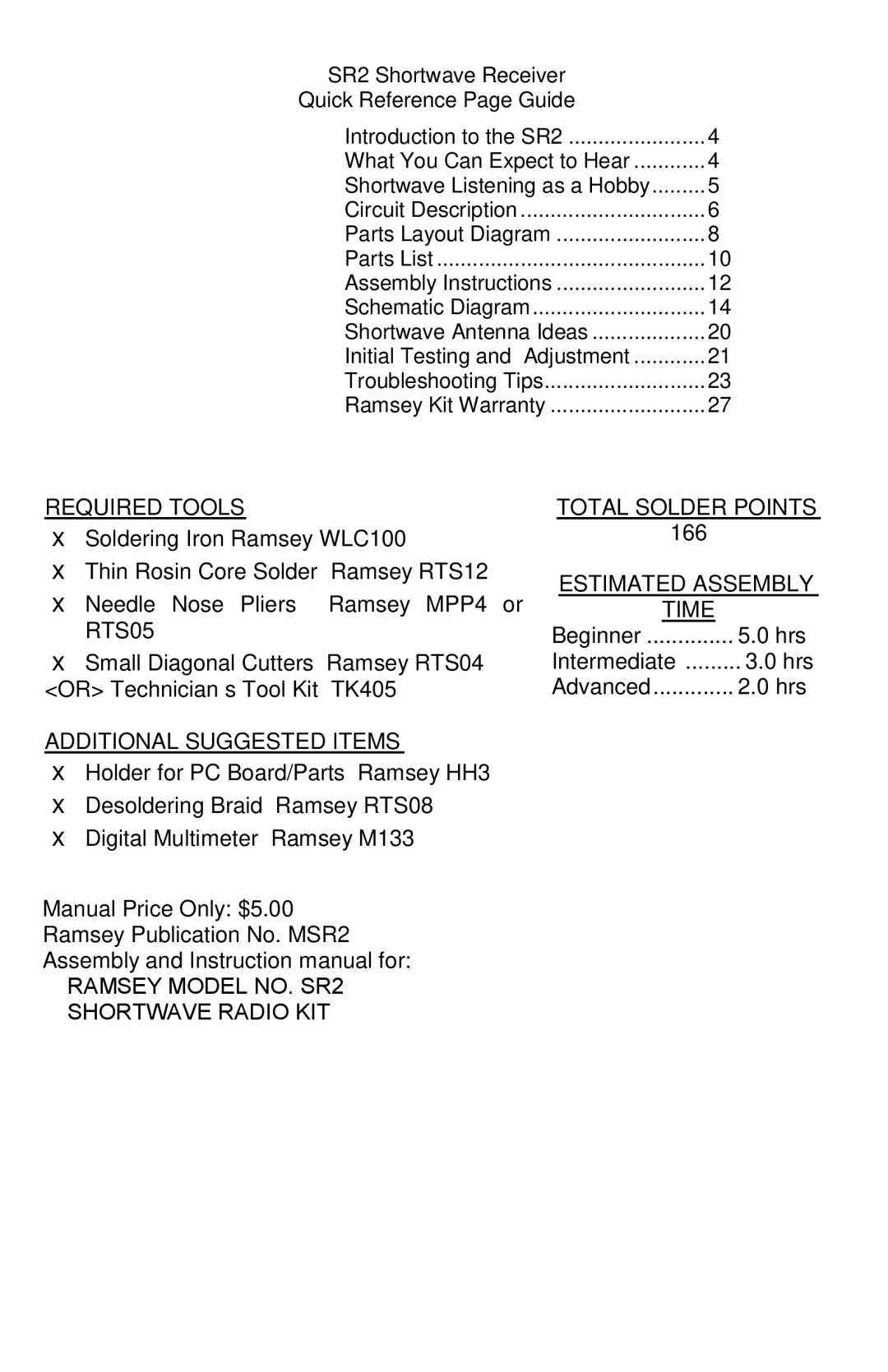 Ramsey Electronics SR2 manual Required Tools, Additional Suggested Items, Total Solder Points, Estimated Assembly Time 