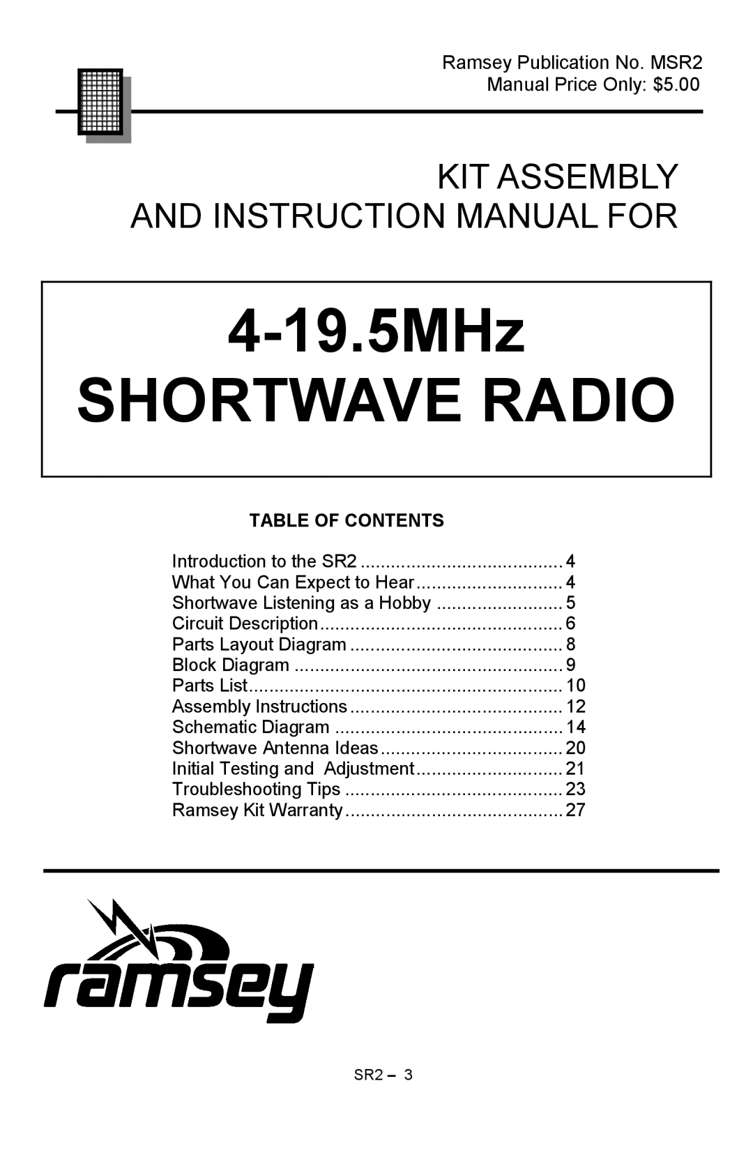 Ramsey Electronics SR2 manual Shortwave Radio, Table of Contents 