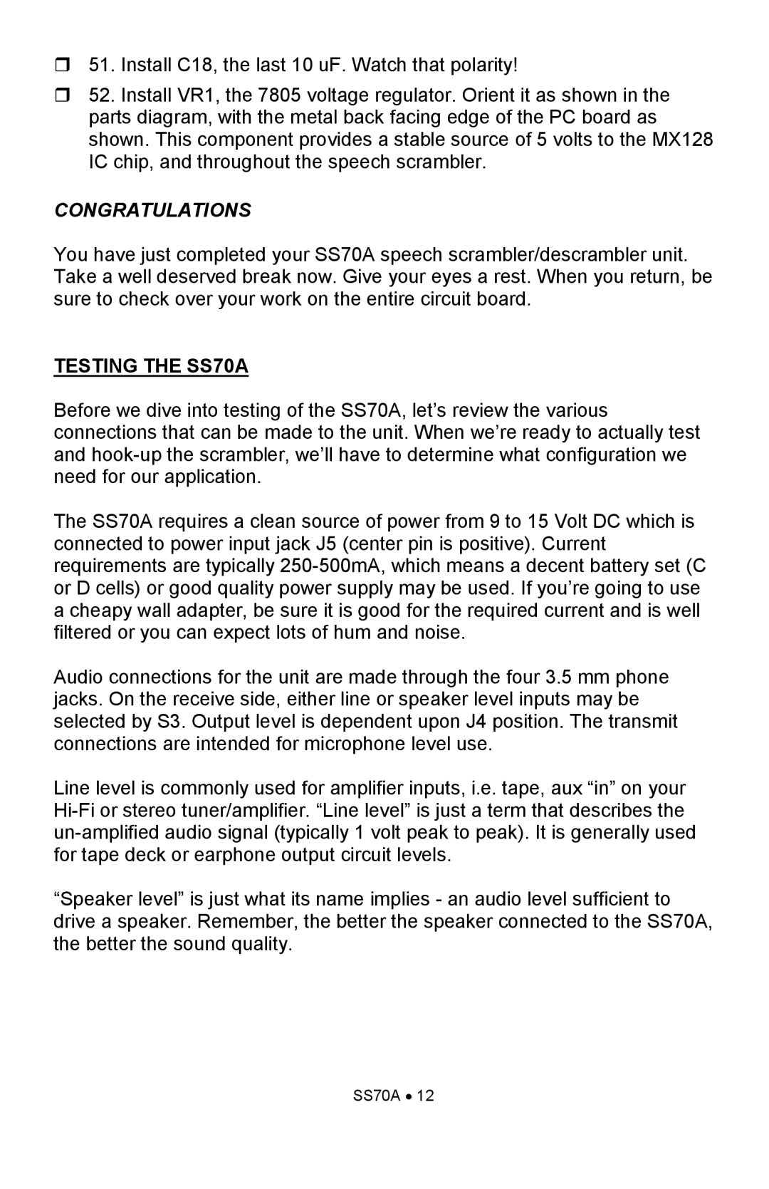 Ramsey Electronics manual Congratulations, Testing the SS70A 