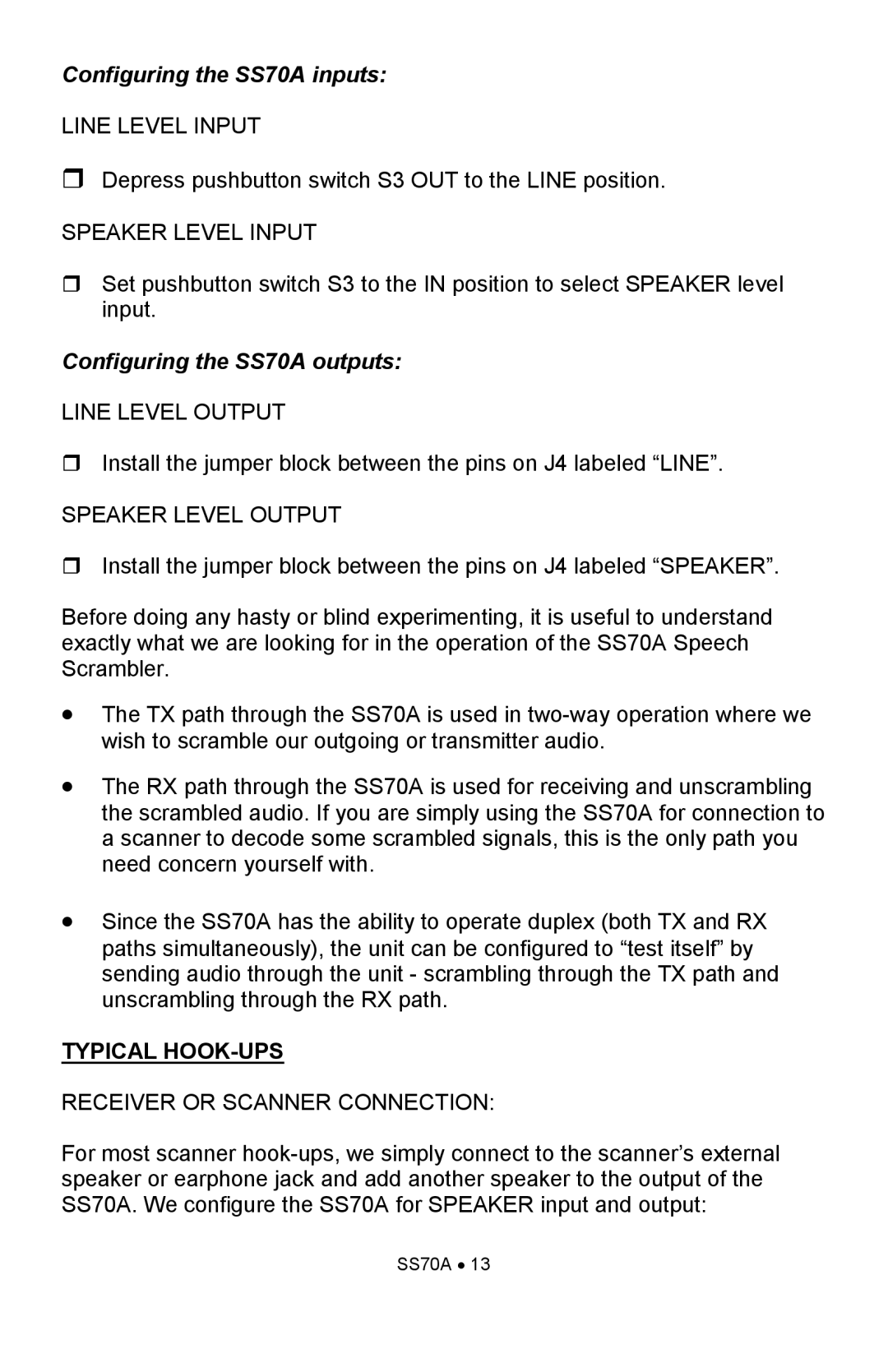 Ramsey Electronics manual Configuring the SS70A inputs, Typical HOOK-UPS 