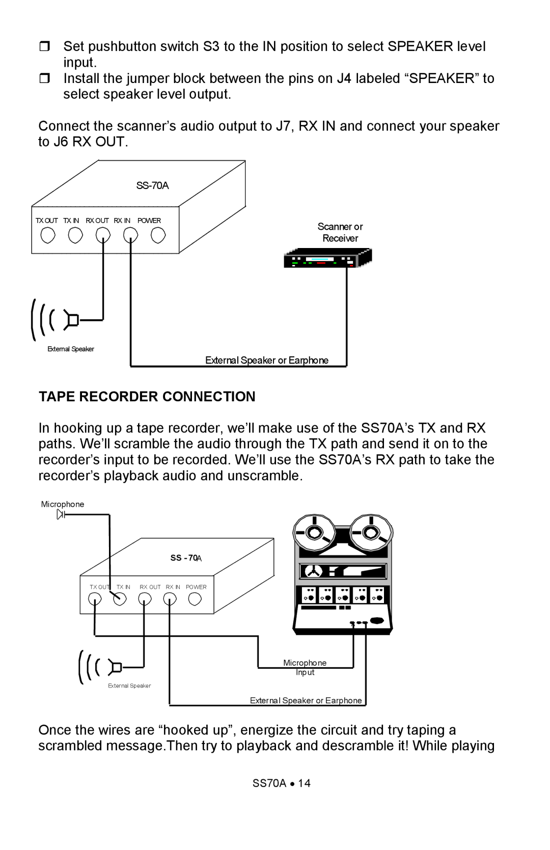 Ramsey Electronics SS70A manual Tape Recorder Connection, SS 70A 