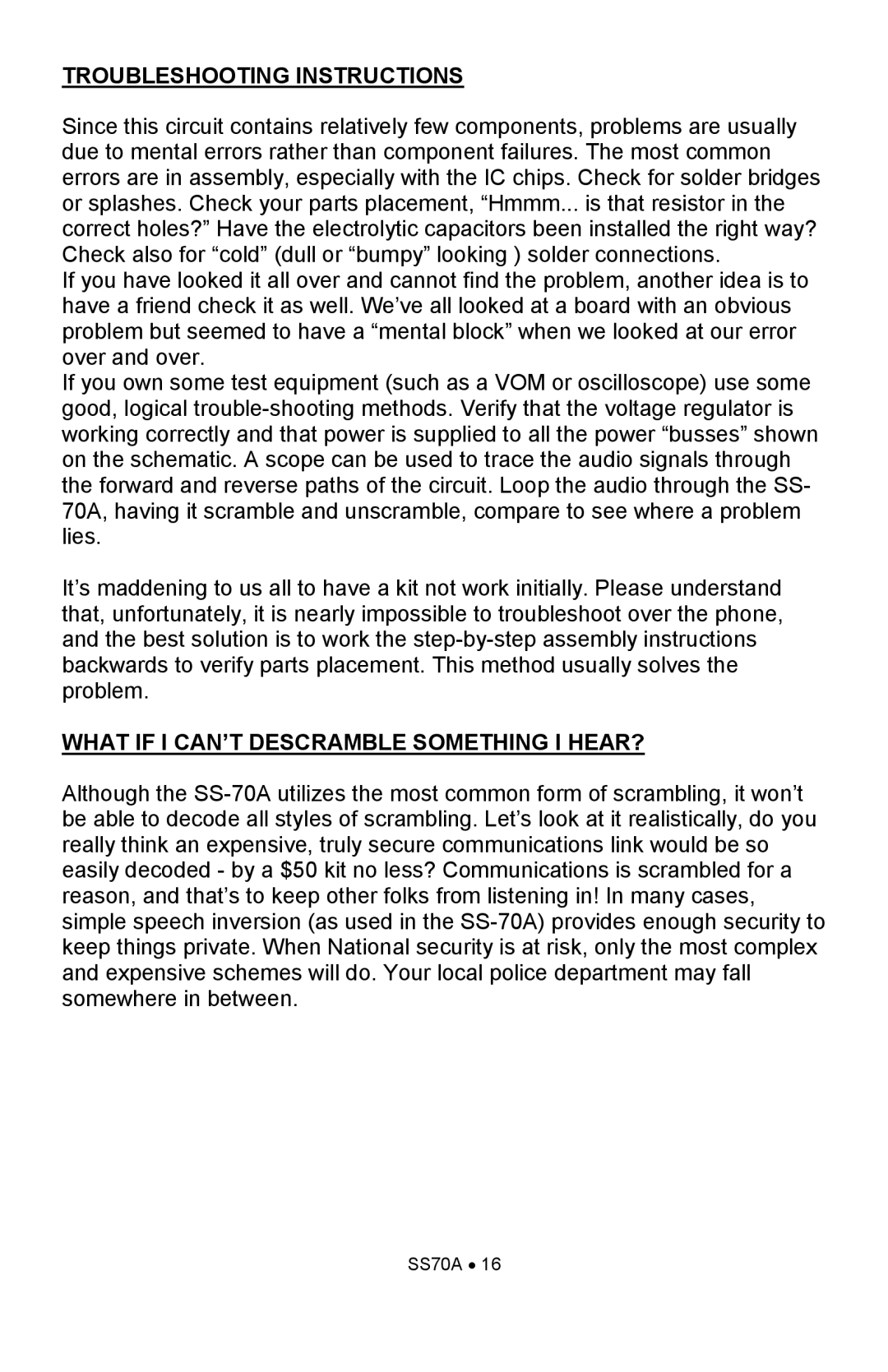 Ramsey Electronics SS70A manual Troubleshooting Instructions, What if I CAN’T Descramble Something I HEAR? 