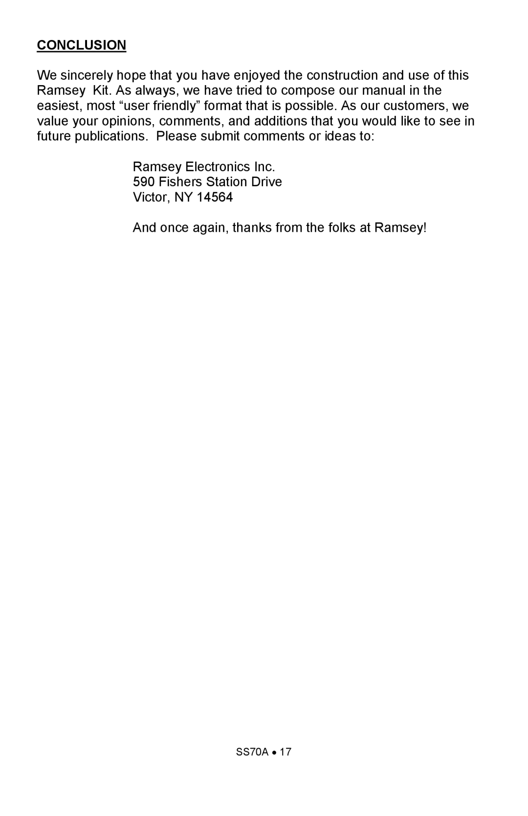 Ramsey Electronics SS70A manual Conclusion 