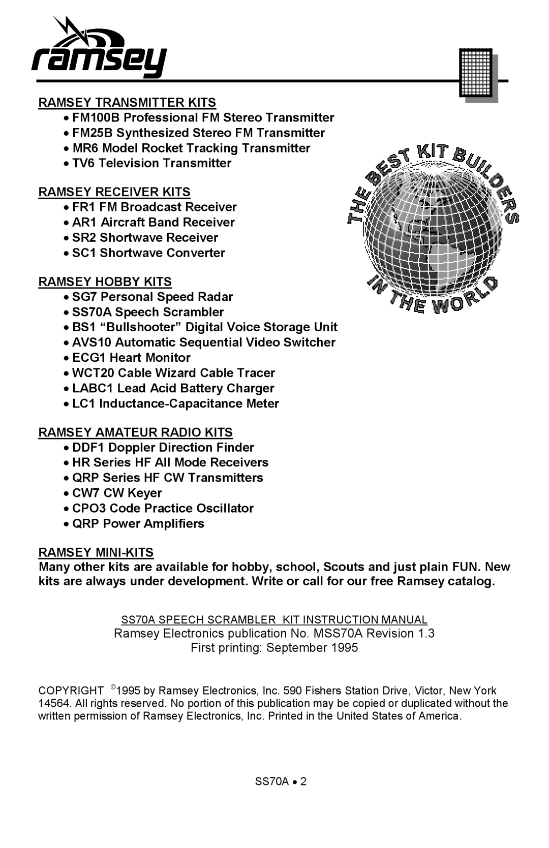 Ramsey Electronics SS70A manual Ramsey Transmitter Kits 