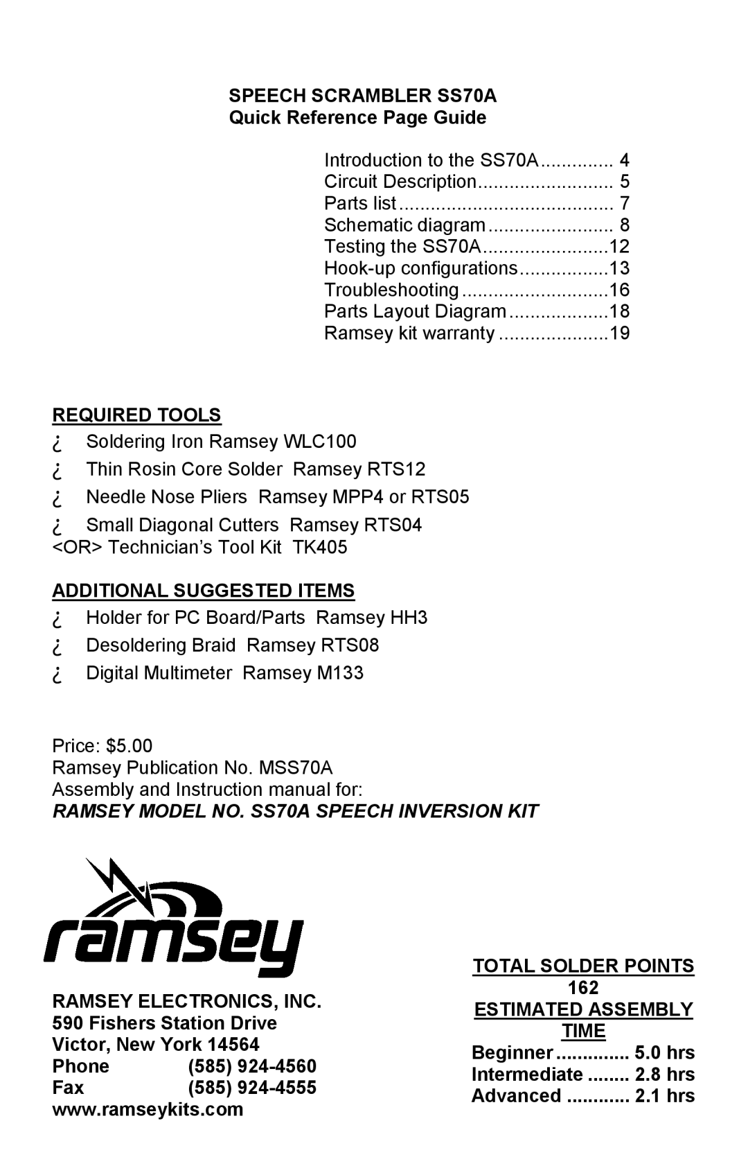 Ramsey Electronics manual Speech Scrambler SS70A, Required Tools, Additional Suggested Items, Total Solder Points, Time 