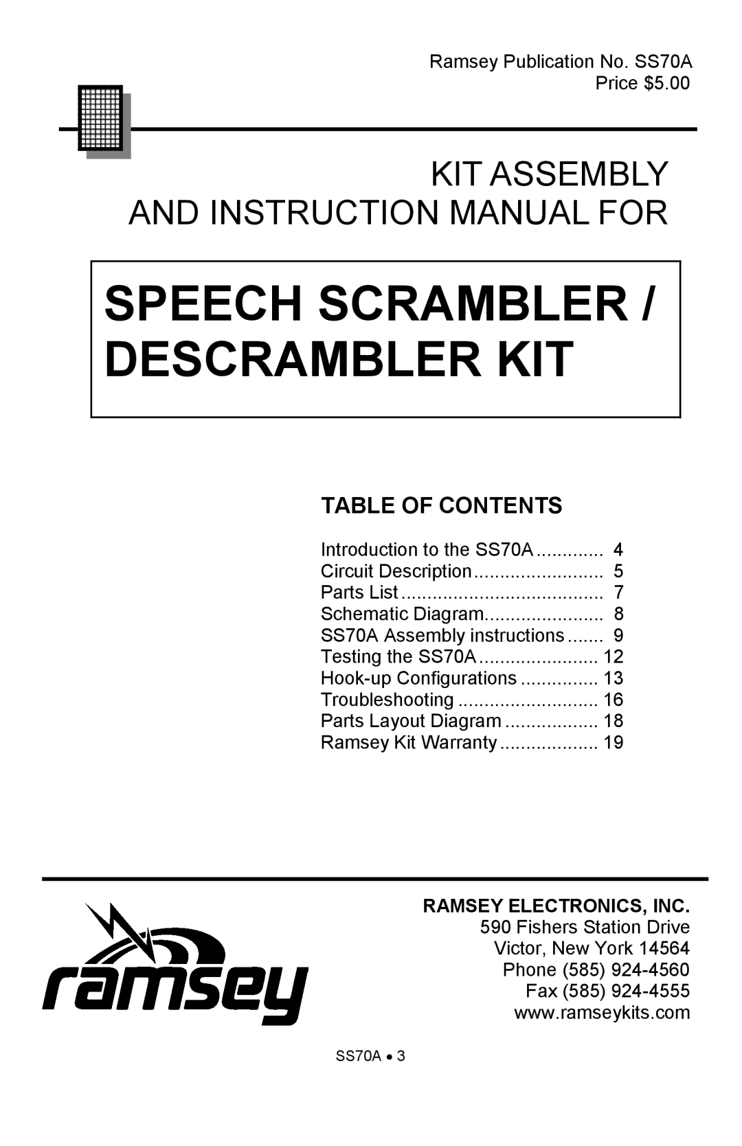 Ramsey Electronics SS70A manual Speech Scrambler / Descrambler KIT 