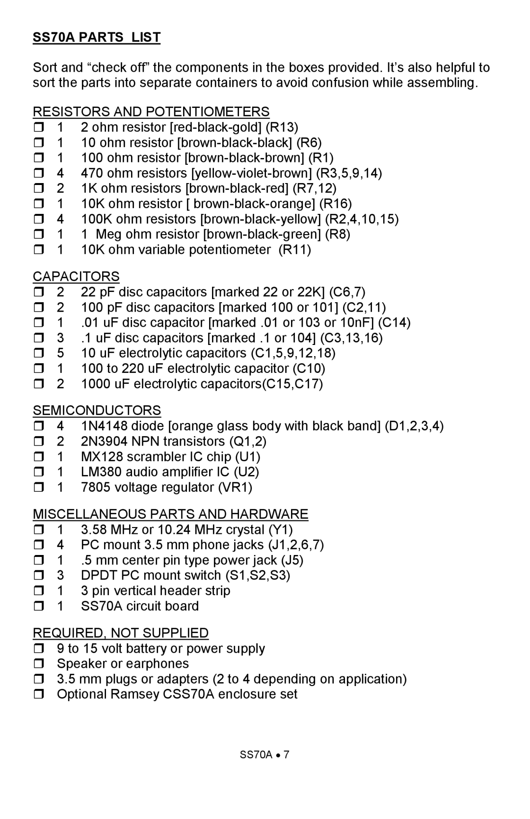 Ramsey Electronics manual SS70A Parts List, Resistors and Potentiometers 