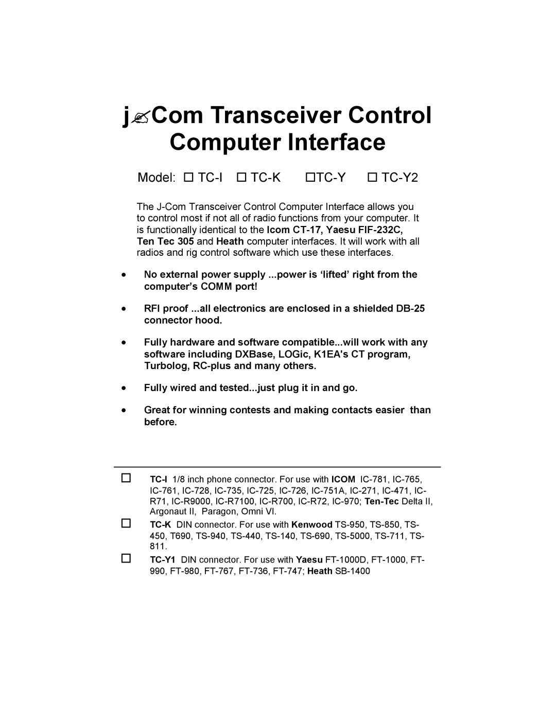 Ramsey Electronics TCCI-1 manual JCom Transceiver Control Computer Interface 