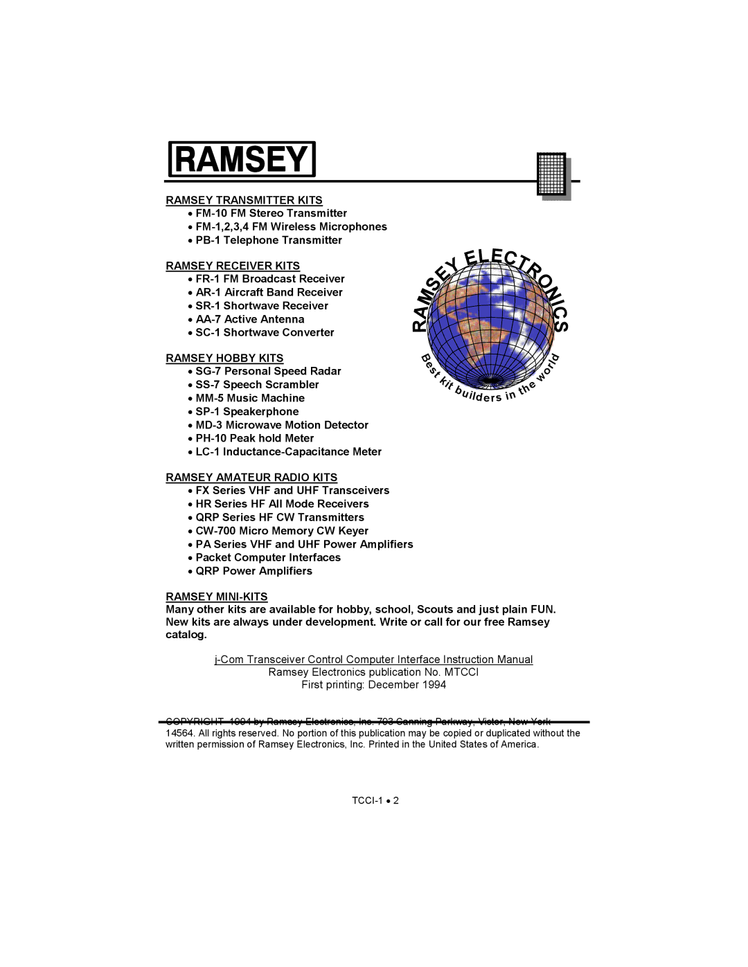 Ramsey Electronics TCCI-1 manual Ramsey Transmitter Kits 