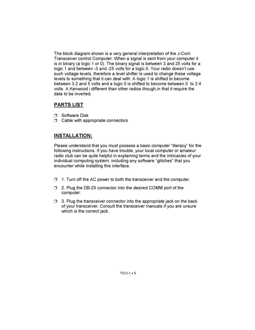 Ramsey Electronics TCCI-1 manual Parts List, Installation 