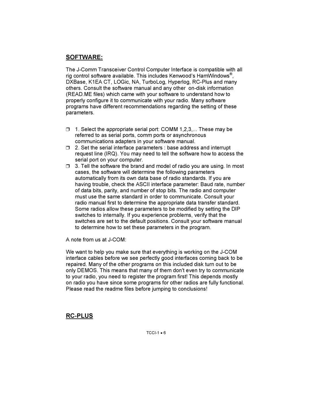 Ramsey Electronics TCCI-1 manual Software, Rc-Plus 