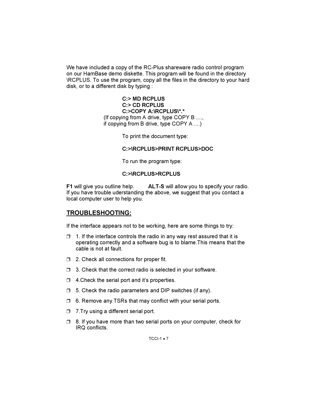 Ramsey Electronics TCCI-1 manual Troubleshooting, MD Rcplus CD Rcplus Ccopy A\RCPLUS 