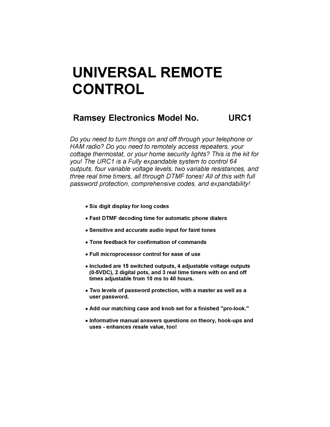 Ramsey Electronics URC1 manual Universal Remote Control 