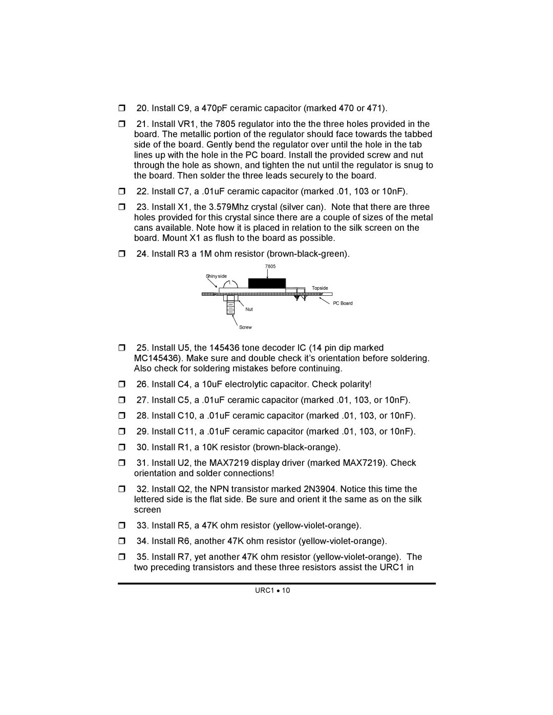 Ramsey Electronics URC1 manual Shiny side Topside PC Board Nut Screw 
