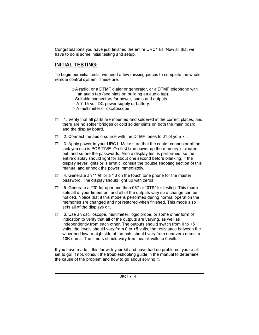 Ramsey Electronics URC1 manual Initial Testing 