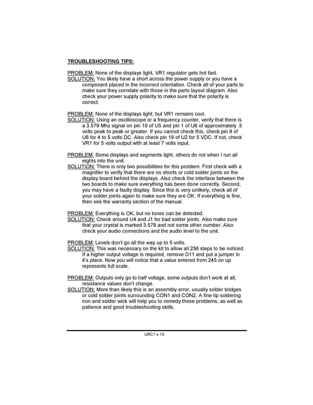 Ramsey Electronics URC1 manual Troubleshooting Tips 