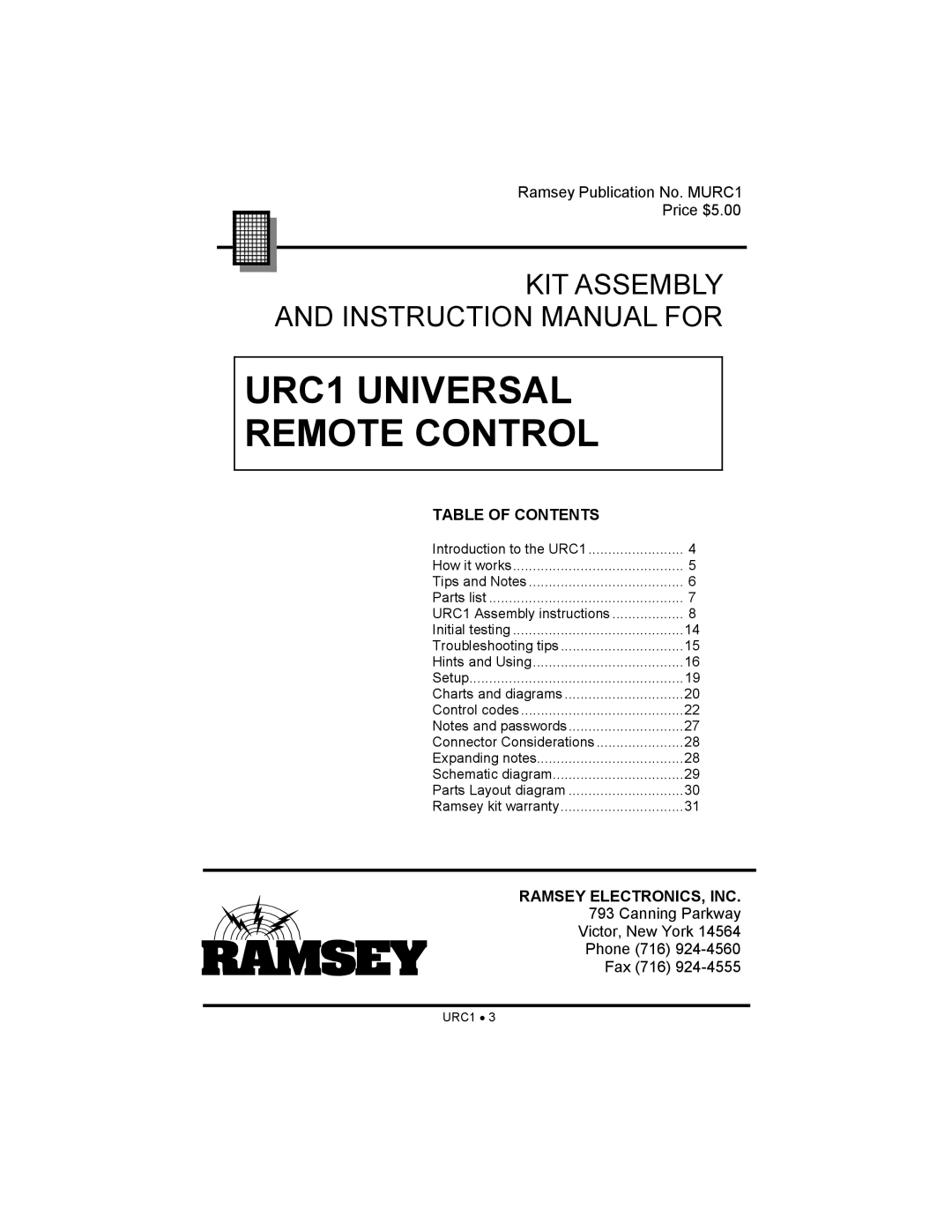 Ramsey Electronics URC1 manual Table of Contents, Ramsey ELECTRONICS, INC 