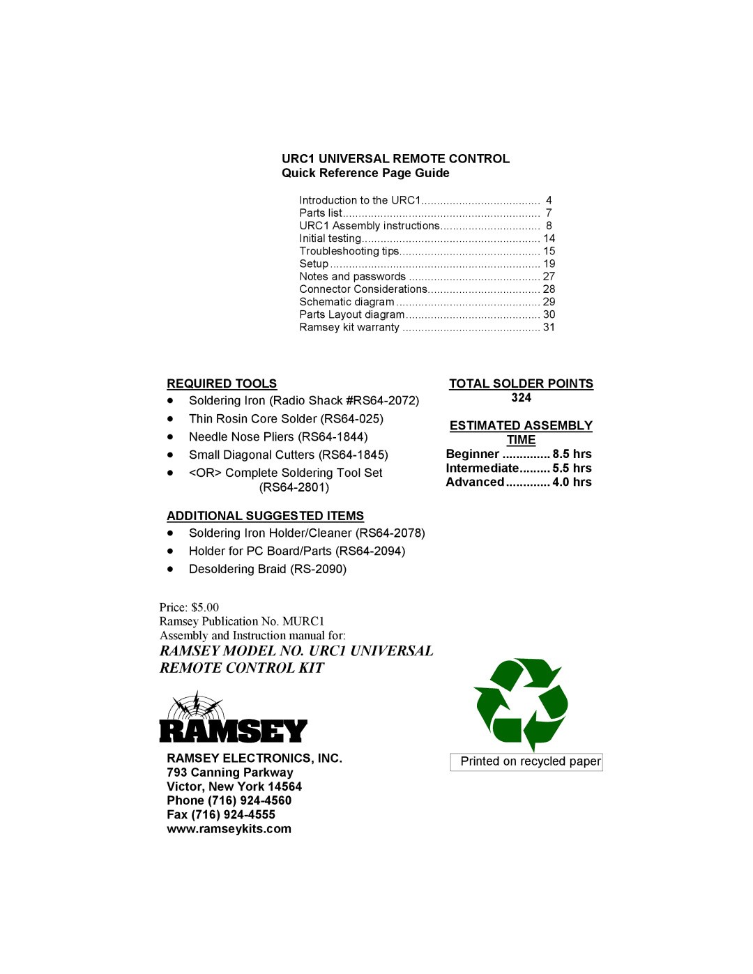 Ramsey Electronics manual URC1 Universal Remote Control, Required Tools, Additional Suggested Items, Total Solder Points 