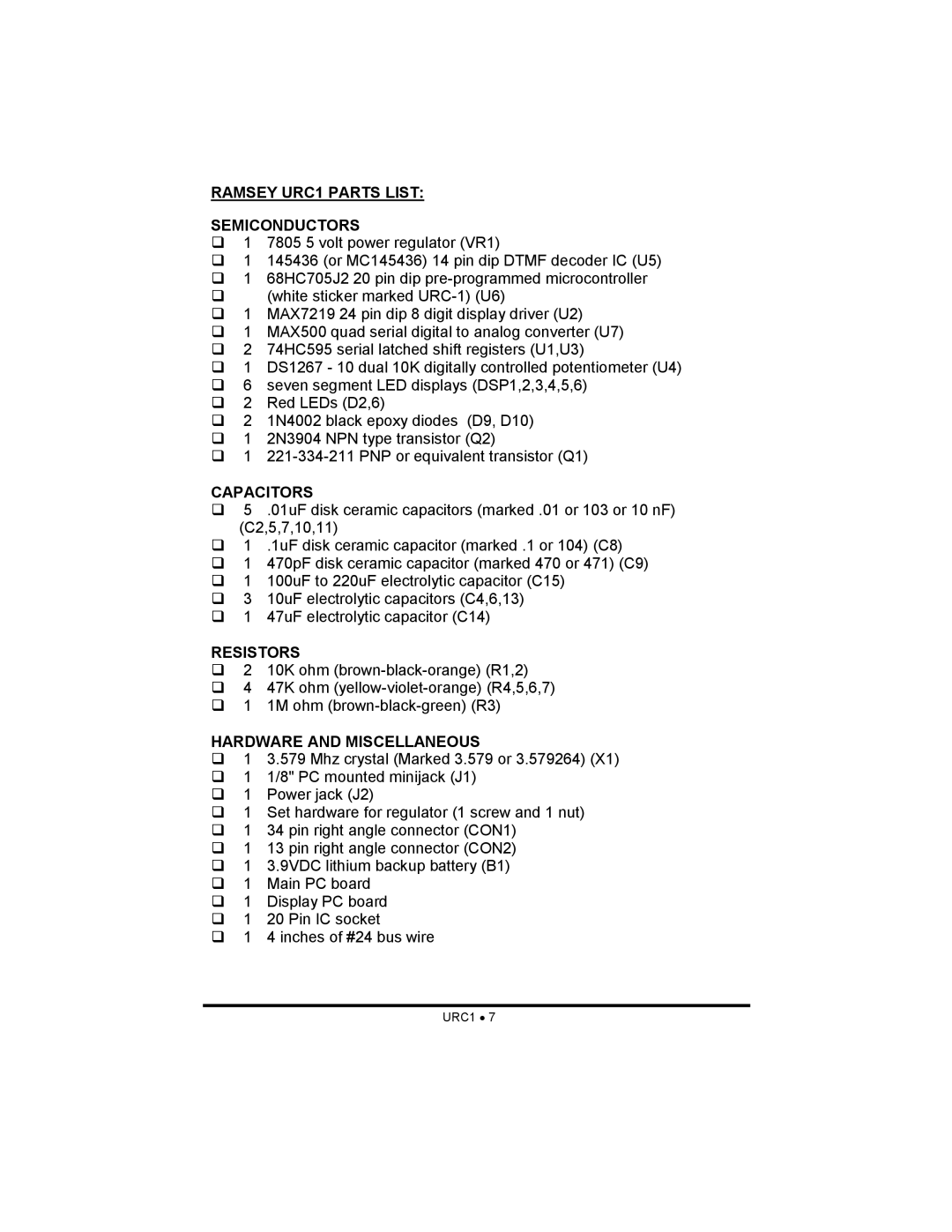 Ramsey Electronics manual Ramsey URC1 Parts List Semiconductors, Capacitors, Resistors, Hardware and Miscellaneous 