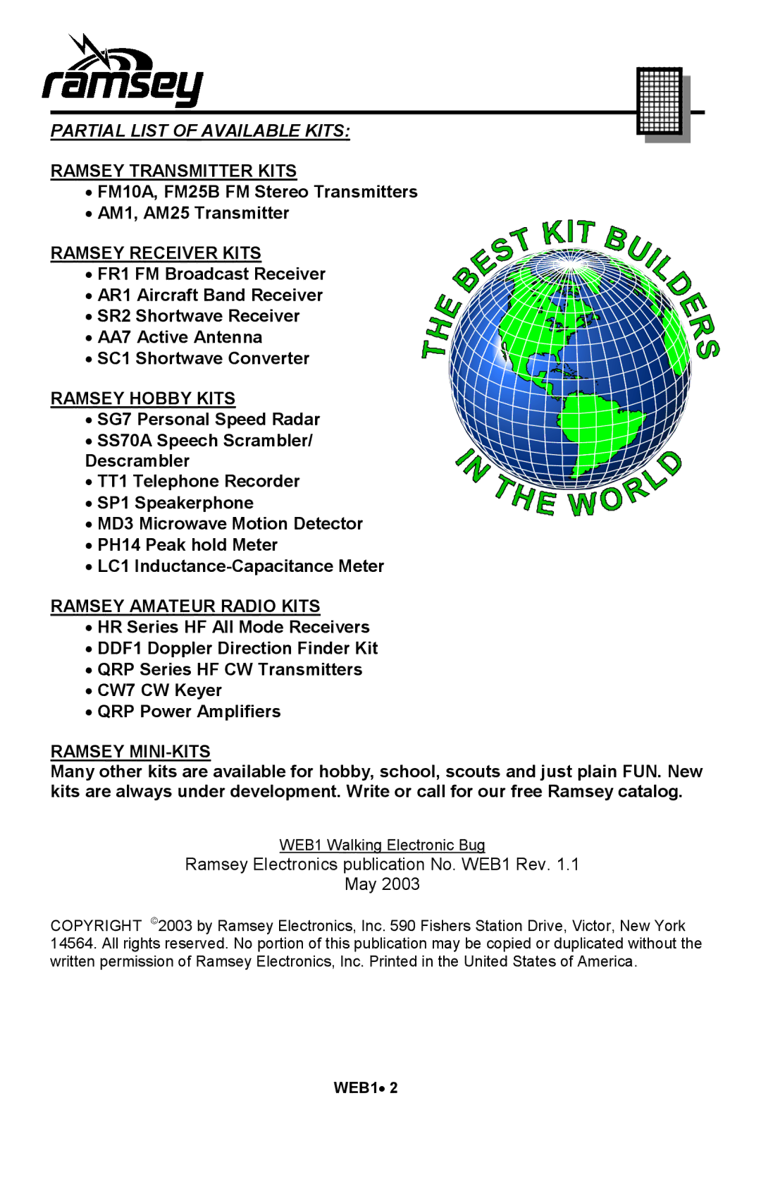 Ramsey Electronics WEB1 manual Partial List of Available Kits 