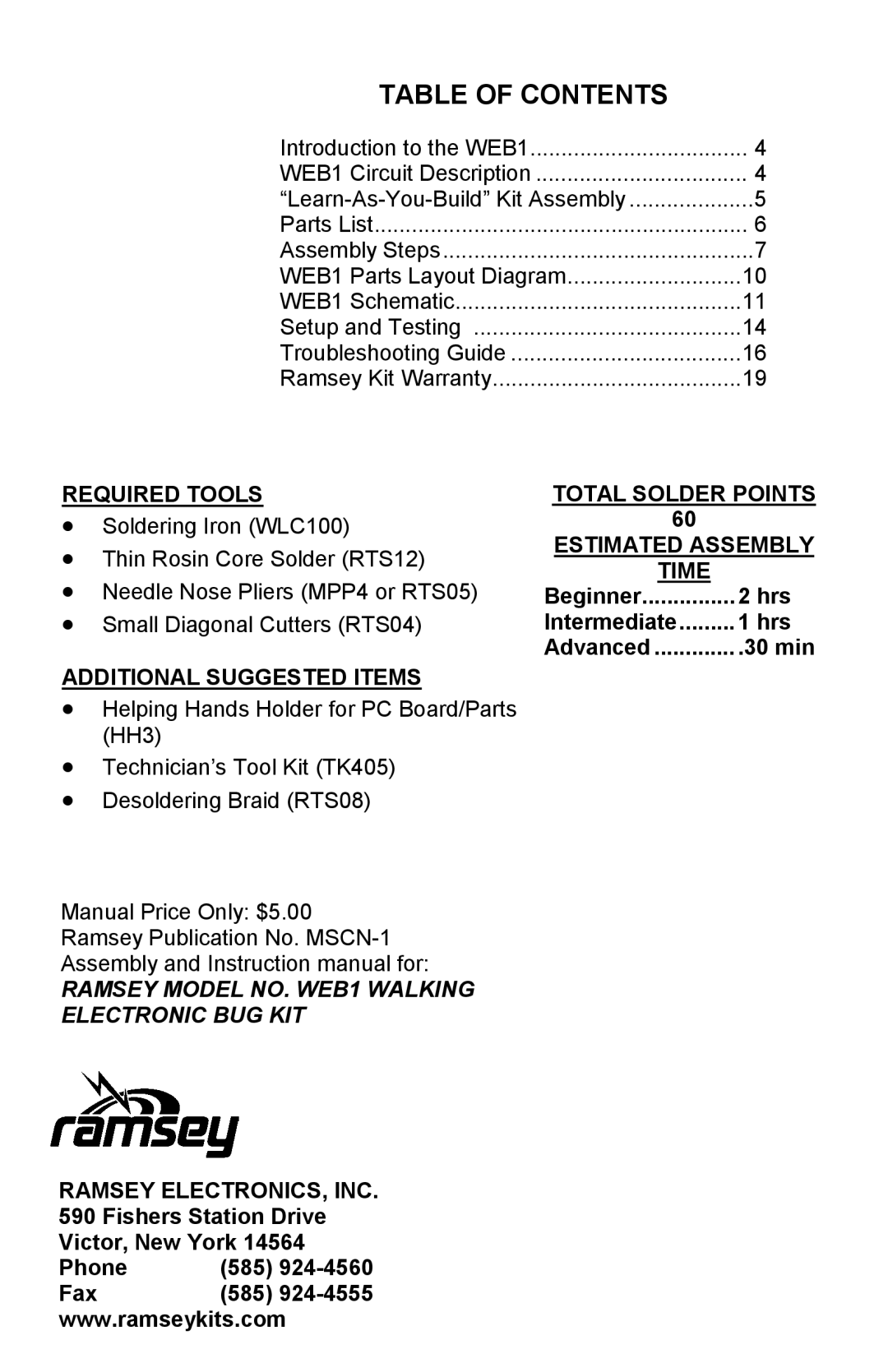 Ramsey Electronics WEB1 manual Required Tools, Additional Suggested Items, Ramsey ELECTRONICS, INC 