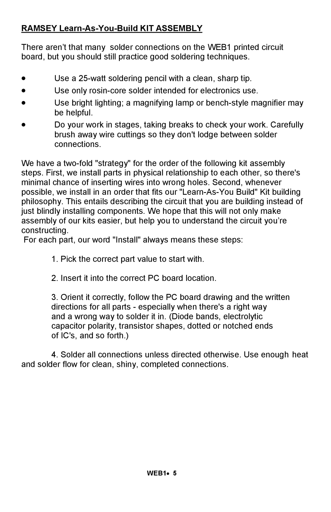 Ramsey Electronics WEB1 manual Ramsey Learn-As-You-Build KIT Assembly 