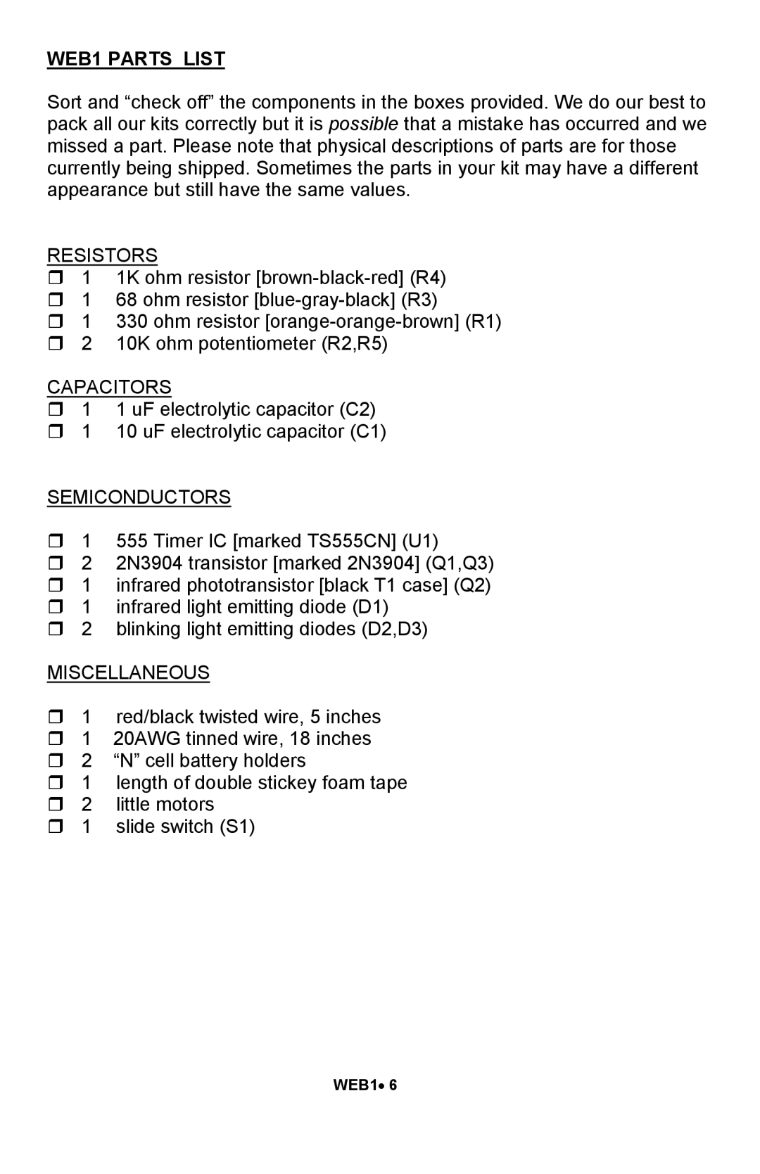 Ramsey Electronics manual WEB1 Parts List, Resistors 