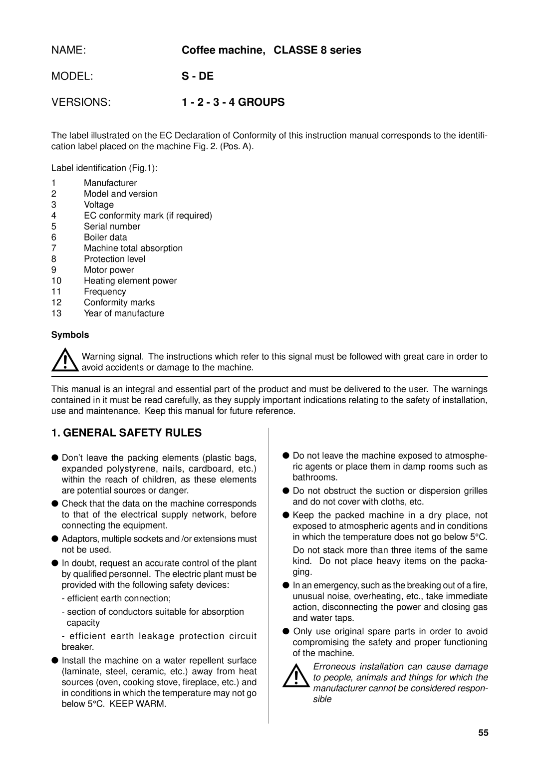 Rancilio Classe 8 manual General Safety Rules, Symbols 