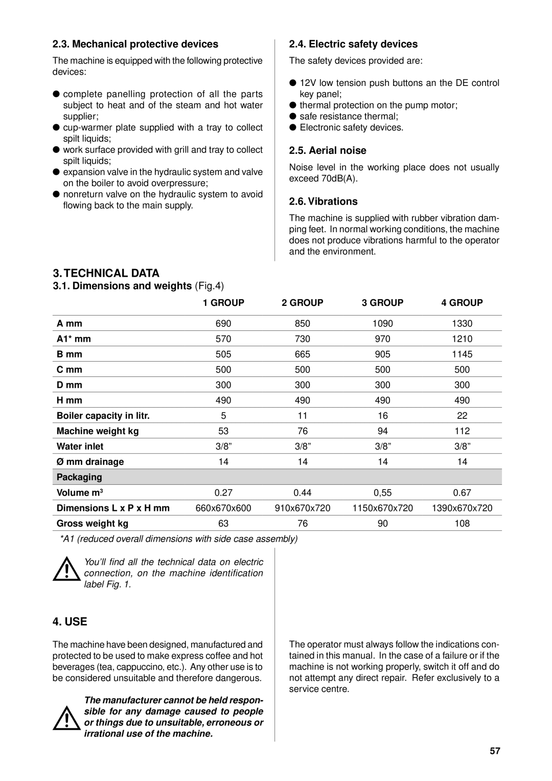 Rancilio Classe 8 manual Technical Data, Mechanical protective devices Electric safety devices, Aerial noise, Vibrations 