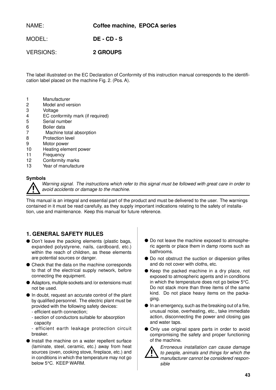 Rancilio epoca manual Groups, General Safety Rules, Symbols 