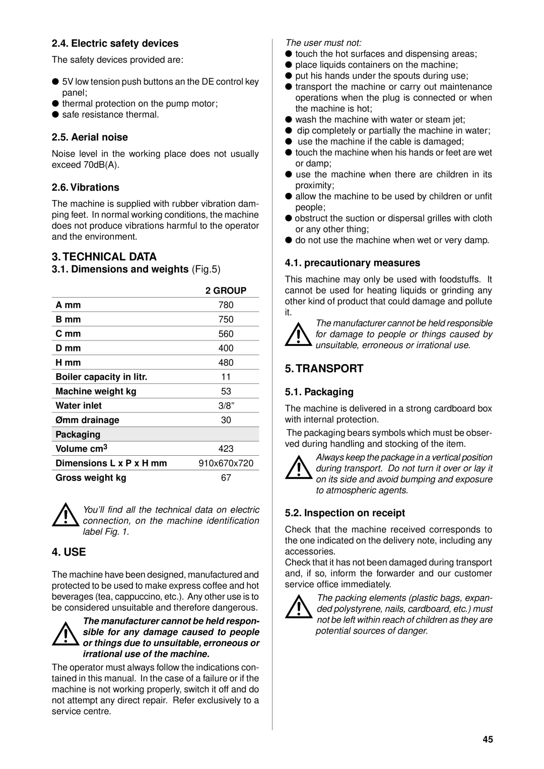 Rancilio epoca manual Technical Data, Transport 