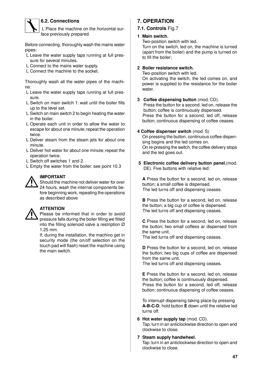 Rancilio epoca manual Operation, Connections, Controls 