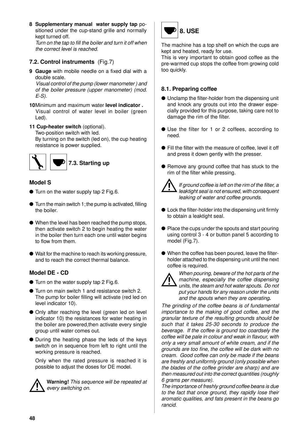 Rancilio epoca manual Control instruments, Starting up Model S, Model DE CD, Preparing coffee, Cup-heater switch optional 
