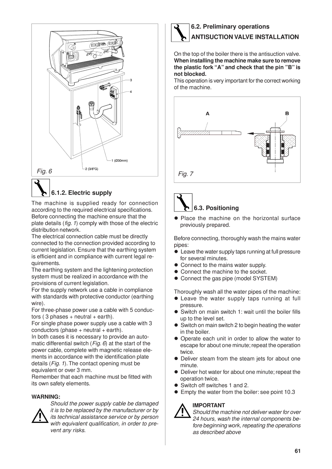 Rancilio Millennium manual Electric supply, Preliminary operations, Positioning 