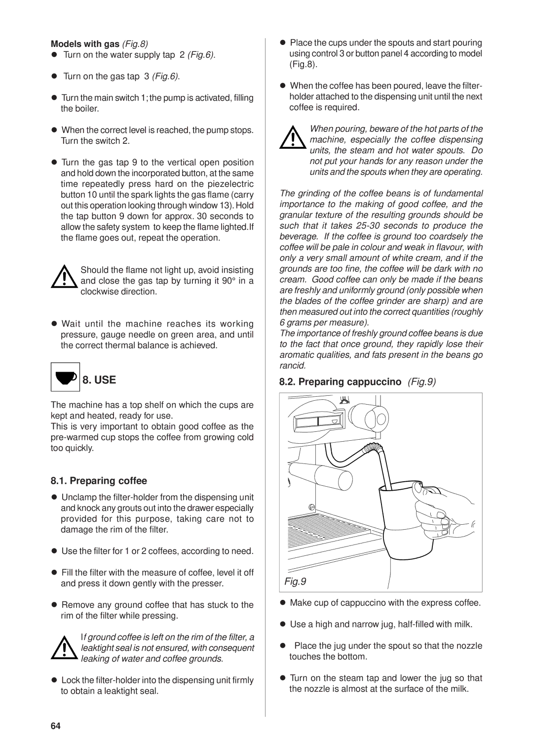 Rancilio Millennium manual Preparing coffee, Preparing cappuccino, Models with gas 