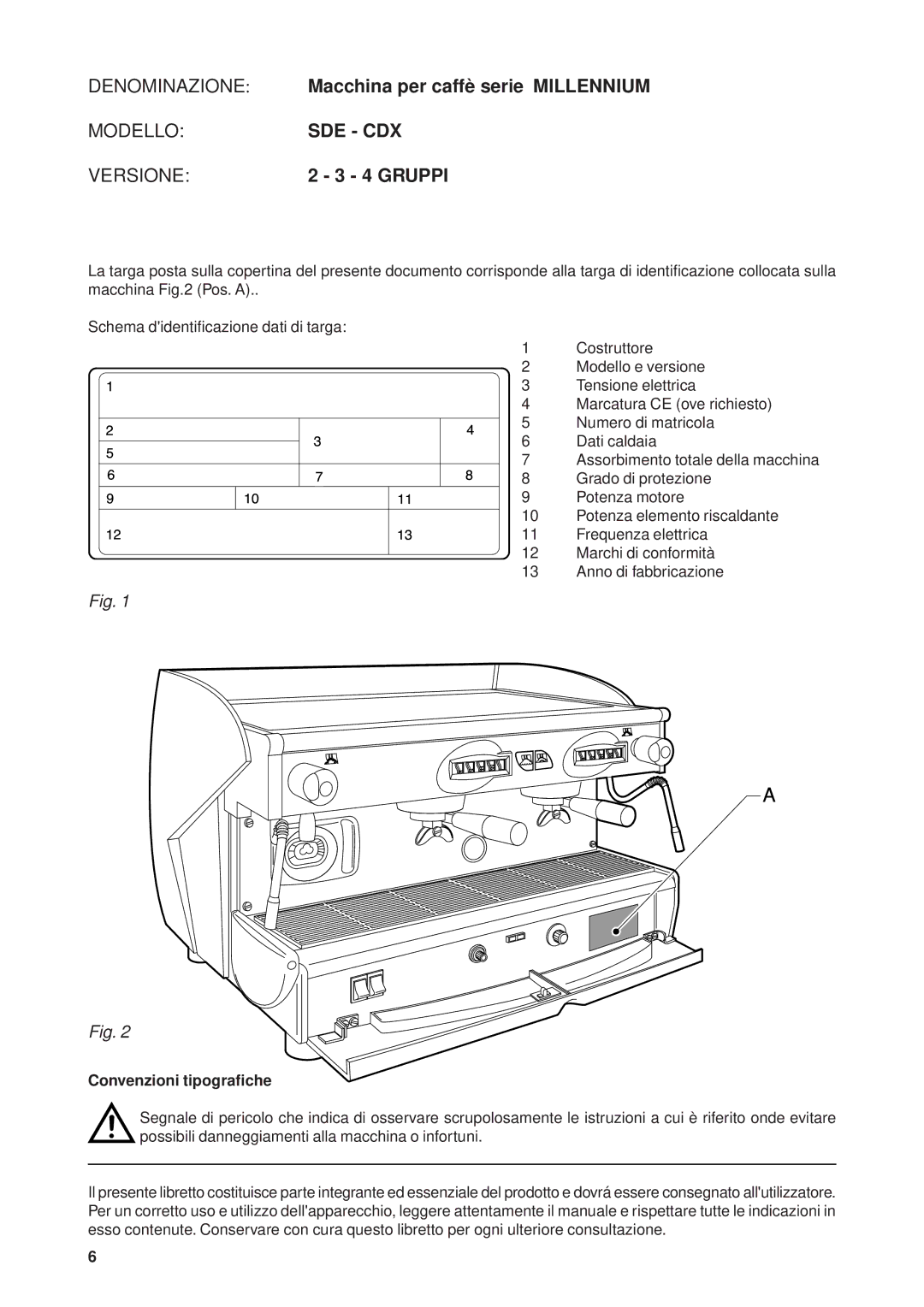 Rancilio manual Denominazione Macchina per caffè serie Millennium, Gruppi, Convenzioni tipografiche 